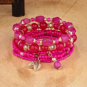 1 LEFT! Hot Pink 4pcs Leaf Charm Beaded Bracelet Set